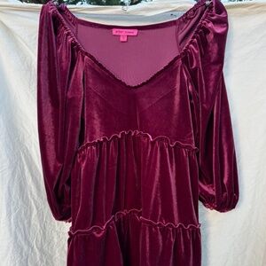 Betsey Johnson Velvet Mini Tiered Baby Doll Dress XS Puff 3/4 Sleeve Tawny Port